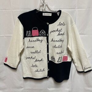 80s Vintage Black White Sweater Cardigan Embellished Beaded Embroidered Size M